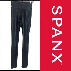 SPANX METALLIC BLACK PANTS FAUX LEATHER LEGGINGS S SMALL LIKE NEW